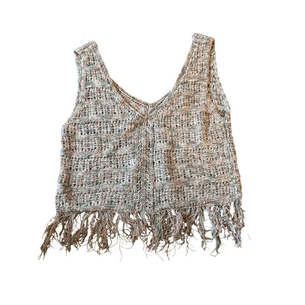 Love Knits by The Sweater Dept NYC V-Neck Fringe Crochet Crop Top Vest Large